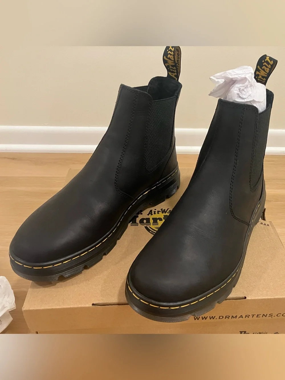 NIB Dr. Martens Black Chelsea Platform Boots with Yellow Stitching